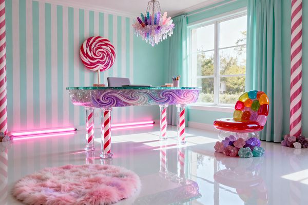 A candy-themed home office features mint-and-white striped walls, mint drapery, and a glossy white floor. At center, a curved acrylic desk with a glass top shows a glittered purple swirl front and red-and-white candy-cane legs; behind it sits a lavender task chair. A multicolor rock-candy chandelier and pink neon light the space, while a jellybean-backed acrylic chair rests on crystal-like clusters near a window; a round pink faux-fur rug and lollipop wall art complete the scene.