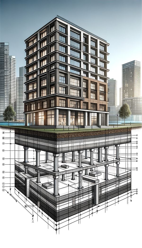 An architectural drawing showing various types of foundations beneath a building, with annotations pointing to shallow and deep foundation types.