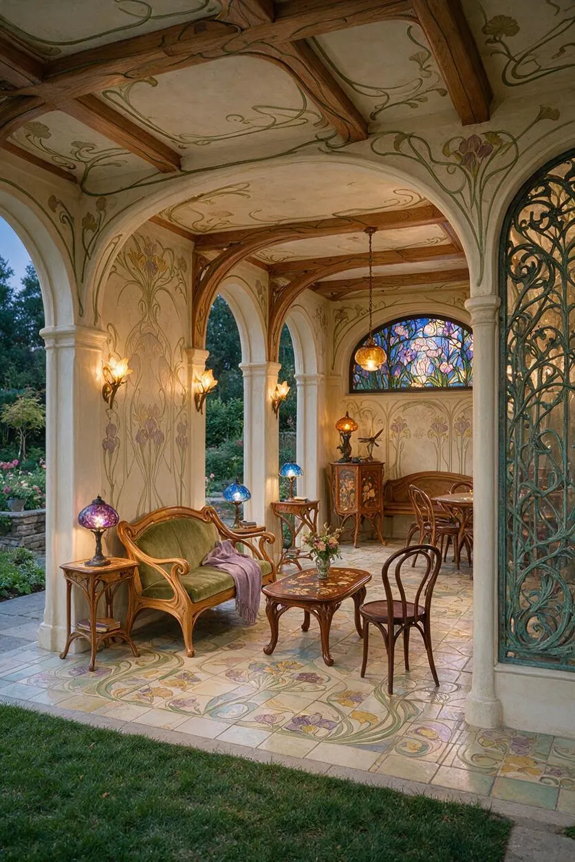 An elegant backyard loggia in Art Nouveau style with arched openings, hand-painted floral walls and ceiling, and a tiled floor decorated with swirling botanical motifs. Curved wood furniture, mosaic-topped tables, colored glass lamps, and a stained-glass window create a warm, romantic outdoor room overlooking the garden.