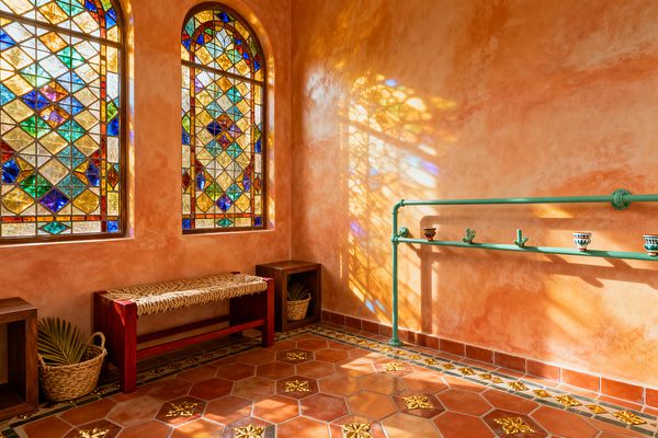 A sunlit mudroom features two tall arched stained-glass windows casting jewel-toned patterns across coral plaster walls and a terracotta hex-tile floor with gold medallions and a patterned border. A red-stained wood bench with a woven seagrass seat sits between wood cube tables and baskets with palm fronds, while a turquoise pipe rail with hooks displays small hand-painted ceramics for an eclectic Bohemian feel.