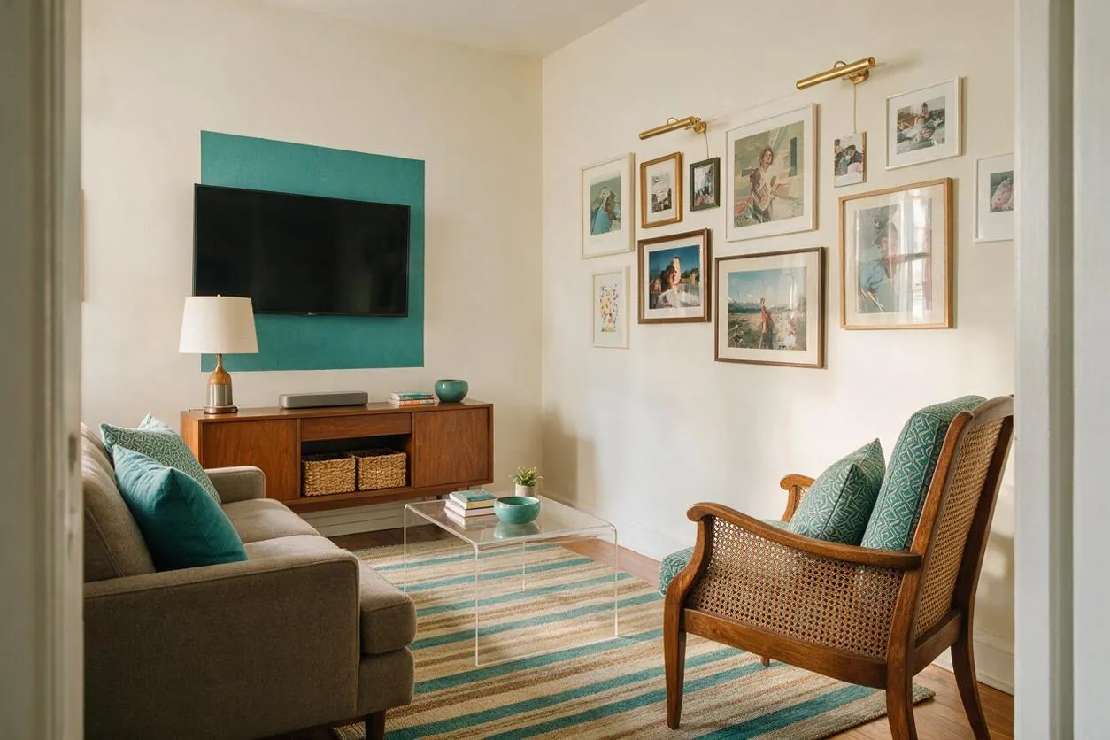 A cozy eclectic media room with a wall-mounted TV over a teal accent panel, a mid-century wood console, and a clear acrylic coffee table on a striped rug. A sofa with teal pillows sits opposite a cane-back armchair, while a gallery wall of framed art and brass picture lights adds a collected, personalized look.