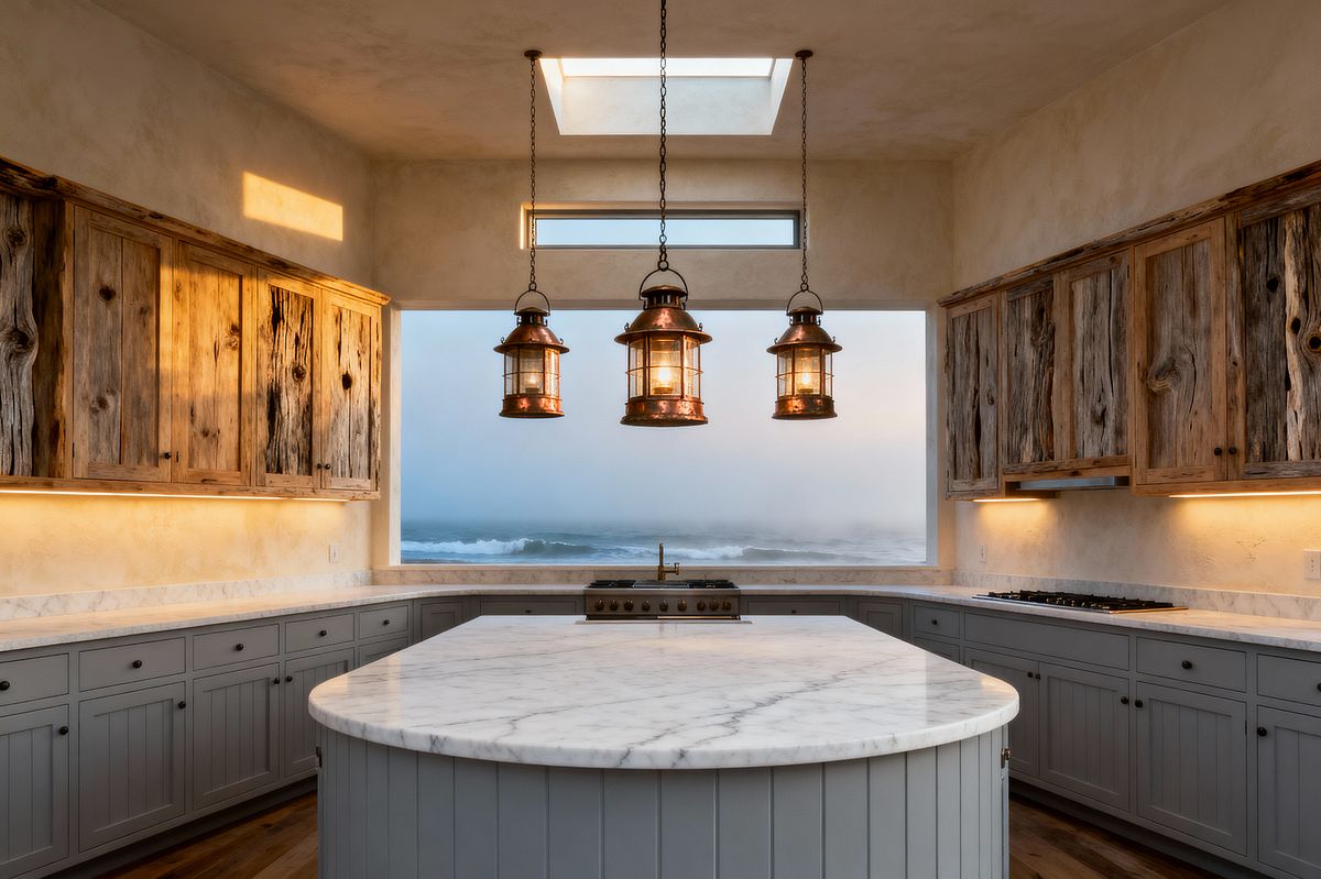 Room AI – Coastal Kitchen with Driftwood Cabinets and Copper Lanterns