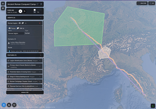 The image displays a detailed map interface for simulating an ancient Roman conquest scenario.