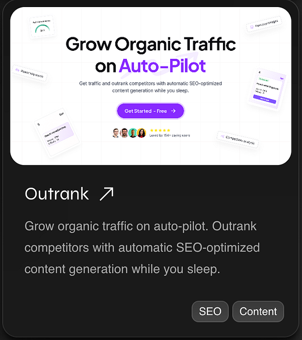 The image promotes the Outrank platform for automated SEO content generation.