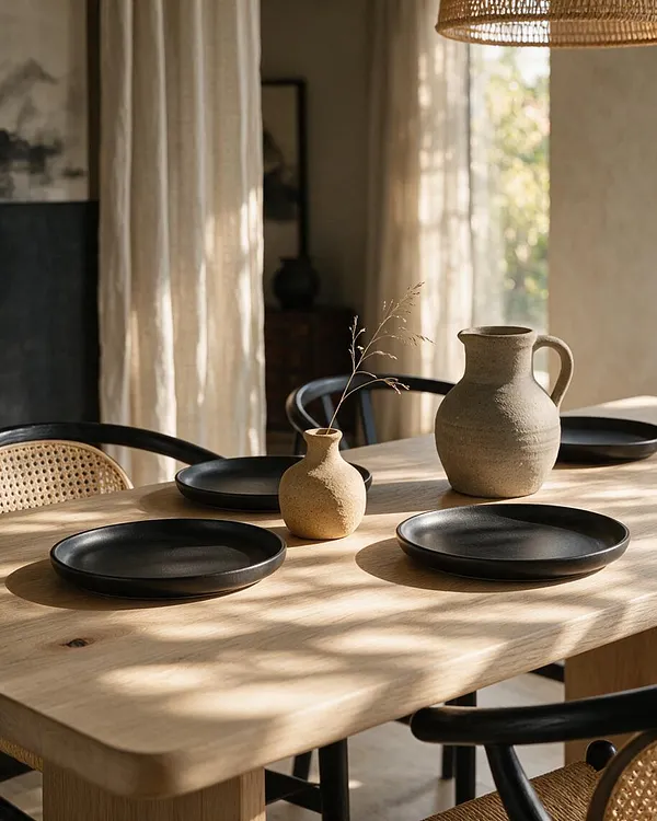 A serene Japandi dining vignette with a light wood table set with matte black plates and two textured ceramic vessels, including a large handled pitcher and a small vase with dried stems. Black curved chairs with woven cane seats sit around the table, while soft beige curtains and warm sunlight create a calm, natural atmosphere.