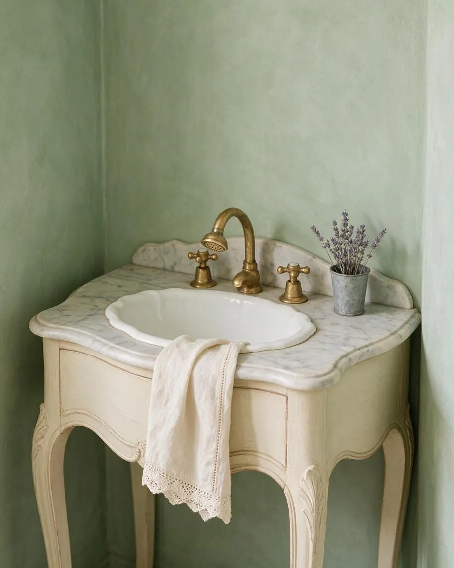 A French Country bathroom vignette with a small cream-painted vanity topped in veined marble and an oval white sink. Antique brass faucet and cross handles sit against soft green walls, with a white towel draped over the front and a small metal cup holding lavender on the right.