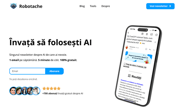 The image features a promotional webpage for the Robotache newsletter, showcasing its focus on AI education.