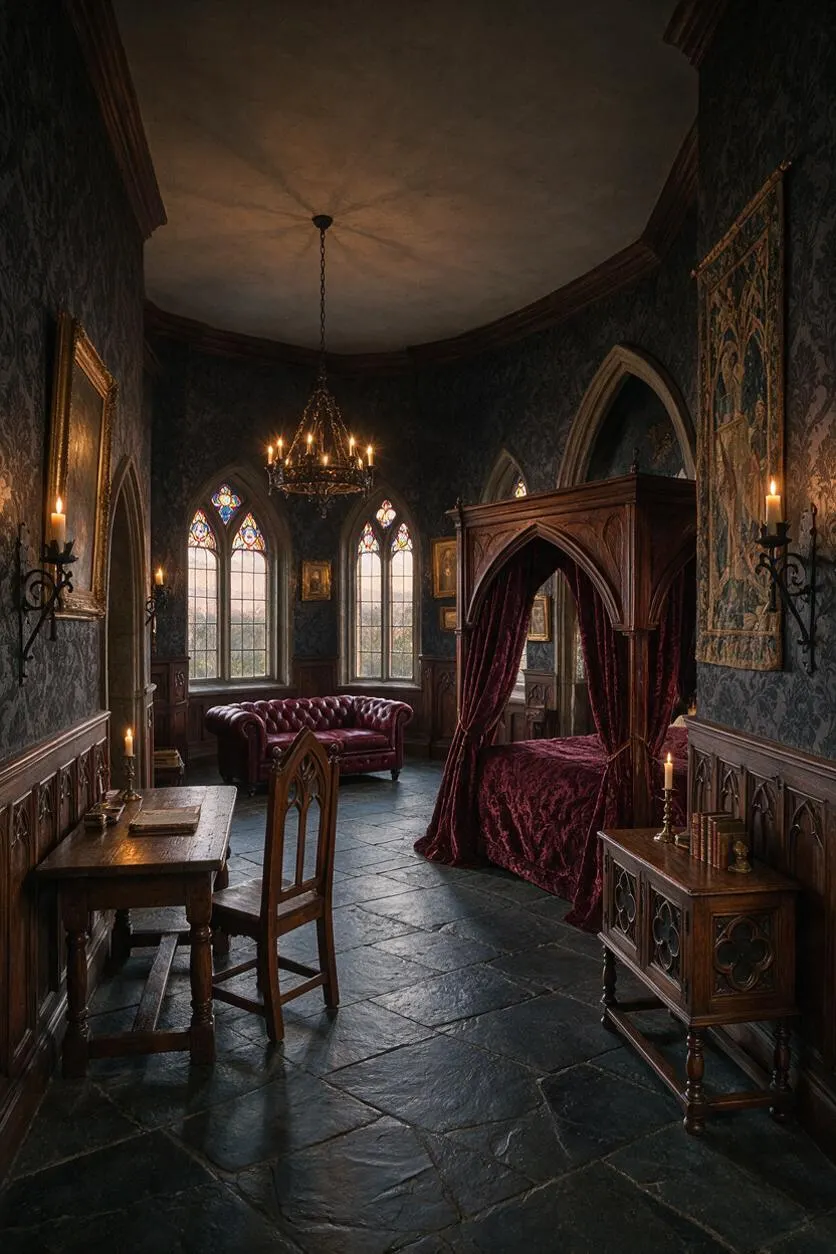 A dramatic Gothic-style master bedroom with dark patterned wallpaper, pointed arched windows, and candlelit chandeliers. The room features a carved wooden canopy bed draped in burgundy velvet, a tufted leather settee, antique wood furniture, and a stone floor that creates a moody, medieval atmosphere.