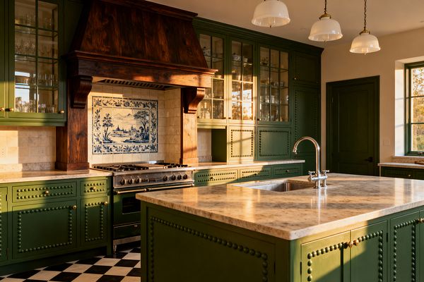 A traditional kitchen features olive green cabinets with beaded trim and brass knobs, a large marble-topped island with a polished metal bridge faucet, and glass-front uppers displaying glassware. A dark stained wood mantle hood sits over a stainless range, backed by tumbled cream tiles and a blue-and-white Delft-style mural, while schoolhouse pendants and a black-and-white checkerboard floor complete the classic look.