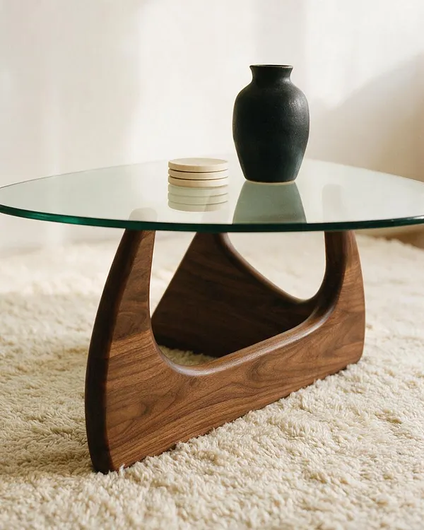 A mid-century modern coffee table with a thick round glass top and a sculptural walnut base with smooth curved cutouts. It sits on a soft cream shag rug and is styled with a dark vase and a small stack of round coasters.