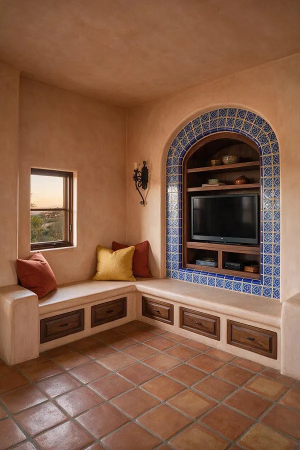 A Mediterranean-style media room with warm plaster walls, terracotta floor tiles, and a built-in wooden TV alcove framed by blue patterned tiles. An L-shaped bench wraps the corner with built-in drawers, colorful throw pillows, and a small window bringing in sunset light.