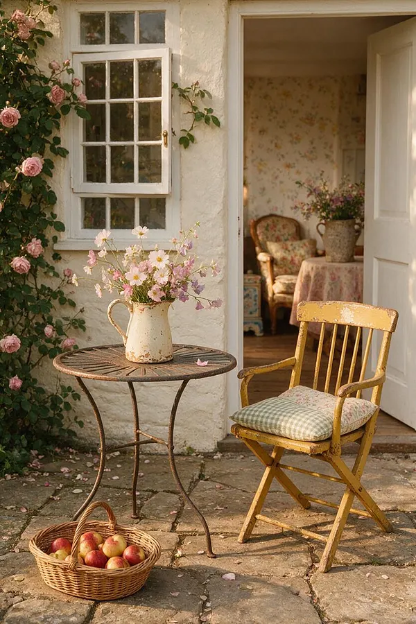 A charming cottage patio with a white stucco wall, climbing pink roses, a small paned window, and an open door leading into a floral interior. In the foreground are a rustic metal table with a cream pitcher of wildflowers, a worn yellow wooden chair with cushions, and a wicker basket of apples on stone paving.
