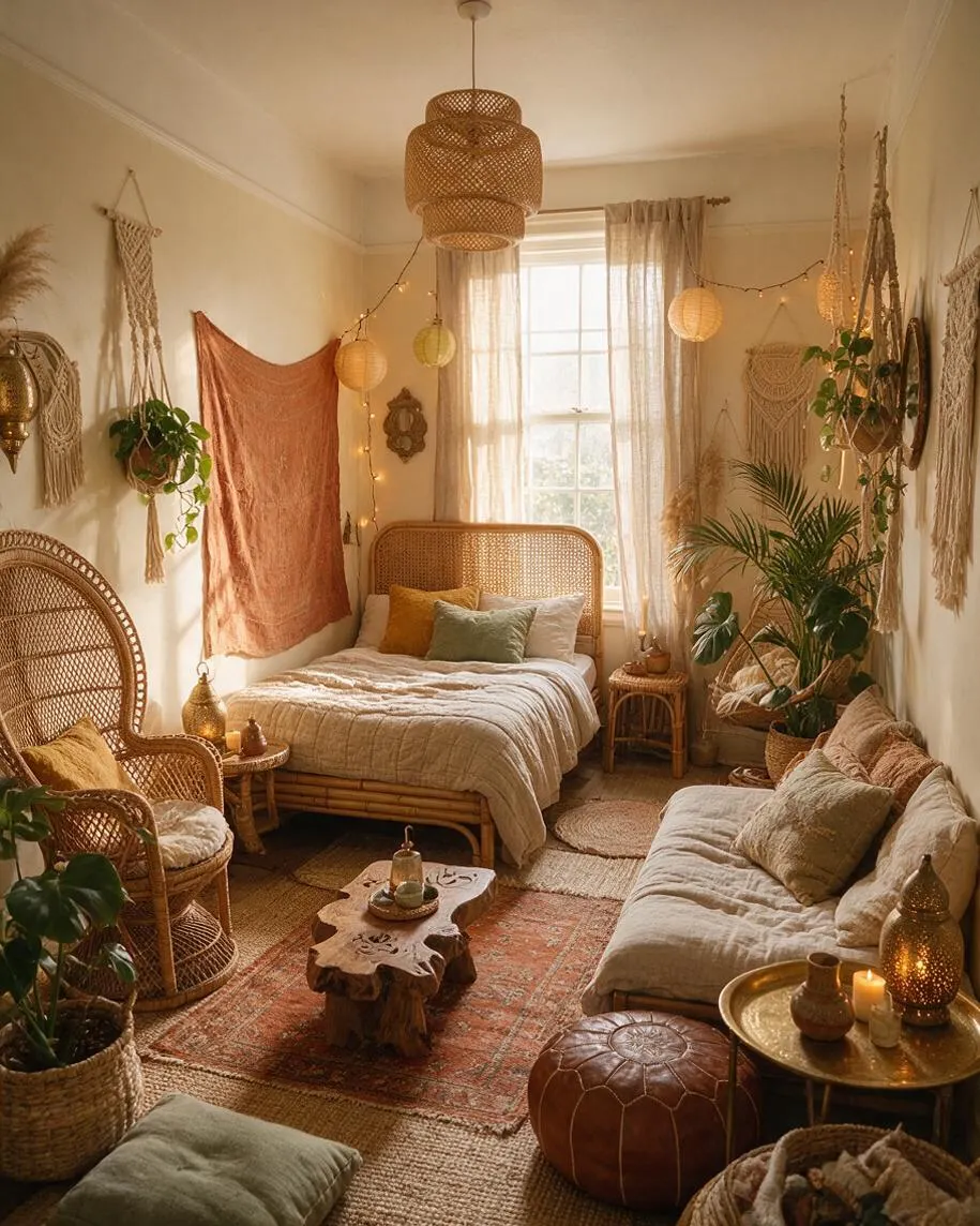 A cozy guest bedroom styled in bohemian design with two rattan beds, layered neutral bedding, woven wall hangings, hanging plants, and soft string lights. The room features natural textures, a rustic wood coffee table, patterned rugs, and warm earthy tones throughout.