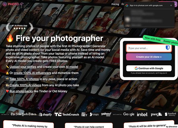 The image promotes an AI photography app with various features and a sign-in interface.