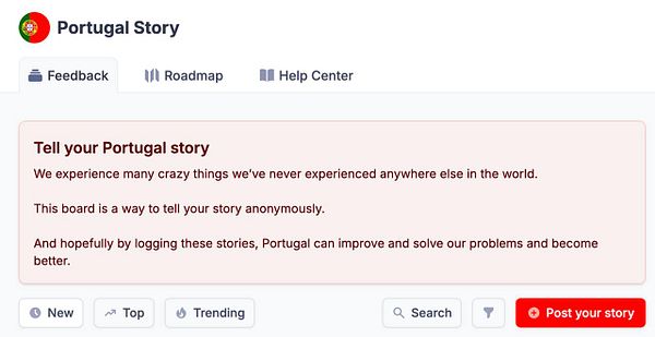 The image displays a user interface for a platform called 'Portugal Story' where users can share their experiences in Portugal anonymously.