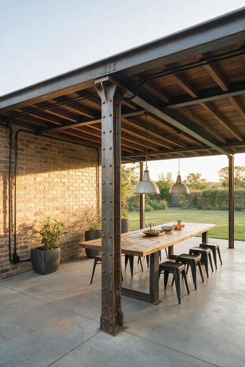 An outdoor backyard dining area with a large reclaimed wood table under a covered pavilion. The space features exposed steel beams, riveted metal posts, hanging industrial pendant lights, a brick wall, concrete flooring, and black metal stools overlooking a grassy garden.