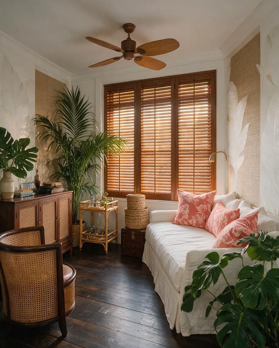 A cozy tropical-style game room with dark wood floors, a white slipcovered sofa, coral patterned pillows, and woven rattan furniture. Large wooden shutters filter warm sunlight, while lush green plants and natural textures create a relaxed, resort-like atmosphere.