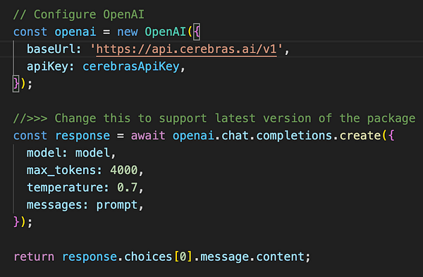 The image displays a code snippet for integrating the Cerebras API with OpenAI.
