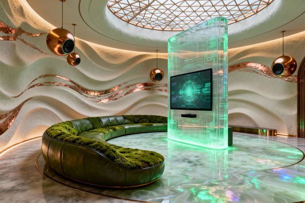 A futuristic media room features a translucent acrylic monolith glowing green and holding a flat-screen display at the center, illuminating a pearlescent epoxy floor. A circular sectional in dark green leather interwoven with moss wraps around the display. Wavy white textured walls with inset copper bands and concealed lighting encircle the space, while spherical copper pendant speakers hang beneath a lattice-domed skylight.