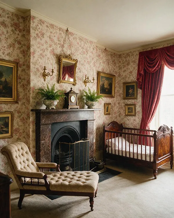 A Victorian-style nursery with floral wallpaper, a dark marble fireplace, gilt-framed artwork, and a wooden crib beside tall windows dressed in deep red velvet drapes. A tufted upholstered chaise lounge sits in the foreground, creating a formal and elegant period interior.