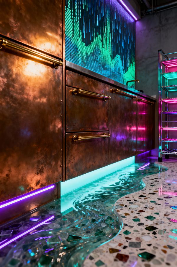 A cyberpunk-inspired kitchen features patinated copper base cabinets with long brass pulls, set below a programmable LED pixel backsplash that displays teal, blue, and green graphics. RGB lighting glows along the toe kick and upper edge in cyan and magenta, reflecting across a light gray terrazzo floor inlaid with multicolored glass and a poured clear epoxy river, while a chrome wire shelving unit and raw concrete wall emphasize the industrial mood.