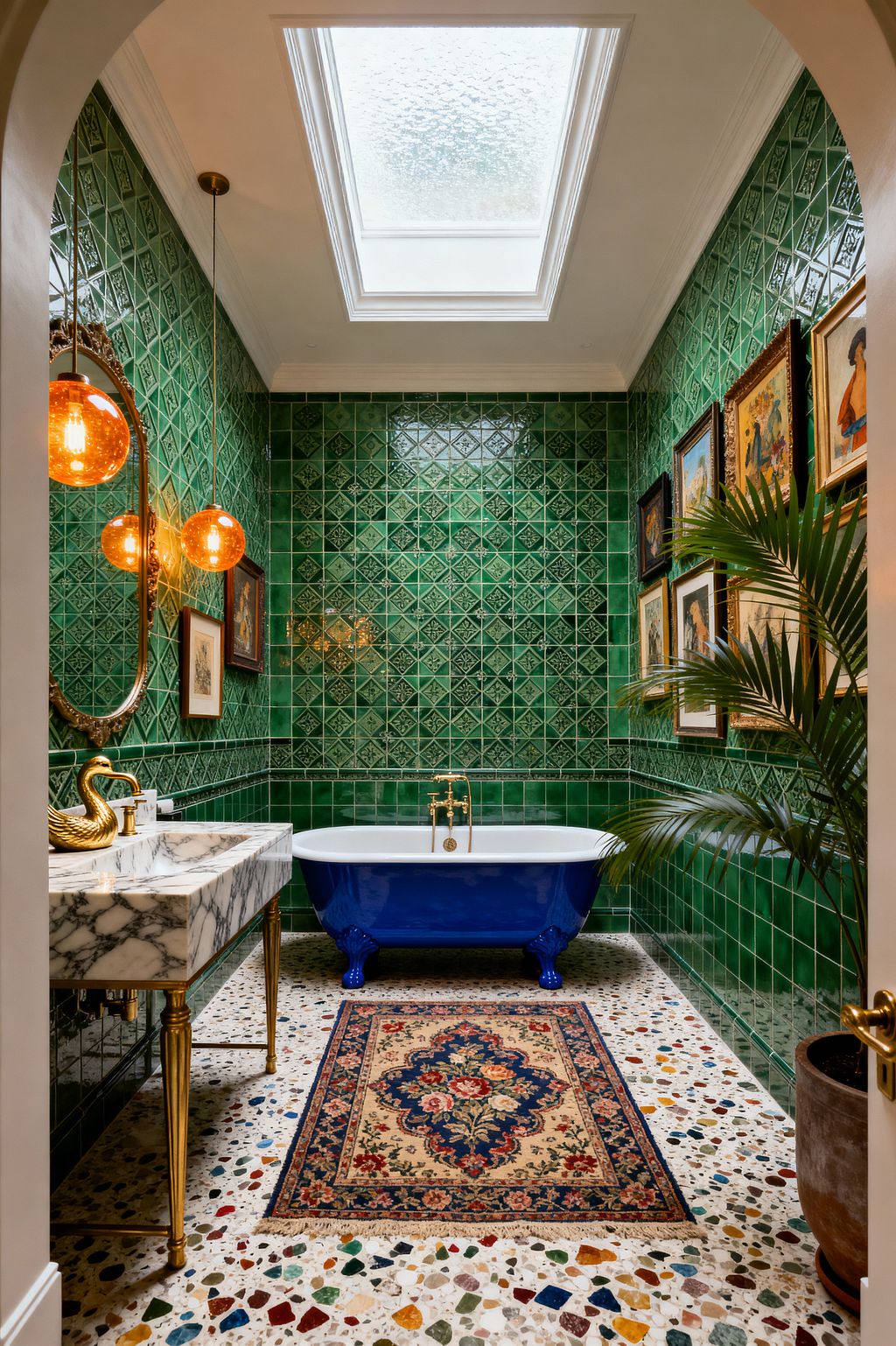 A narrow bathroom features emerald green, relief-patterned wall tiles and a cobalt blue clawfoot tub with brass taps beneath a frosted skylight. On the left, a white marble console with brass legs and a swan-style faucet sits under three amber glass pendants and an ornate oval mirror. Multicolored terrazzo flooring is layered with a traditional rug. A gallery wall of framed art and a potted palm complete the richly decorated scene.