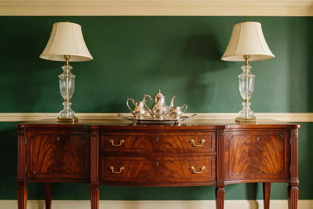 A traditional wooden sideboard with a rich mahogany finish sits against a deep green wall with cream trim. Two matching table lamps with cream shades and clear crystal bases stand at either end, and a polished silver tea set is centered on top.