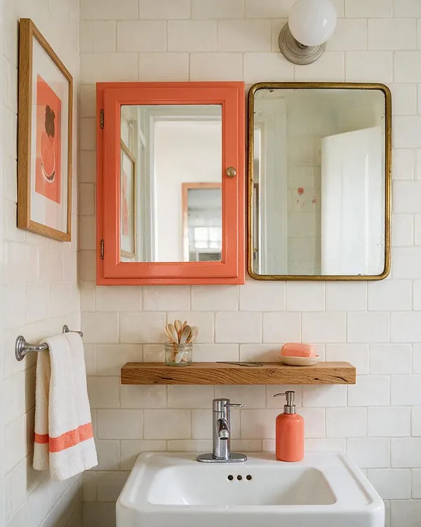 A compact powder room with white subway-tile walls, a white pedestal sink, and a chrome faucet. Above the sink are two mismatched mirrors, one framed in coral and the other in aged brass, with a simple wood shelf and small decor items beneath a wall sconce.