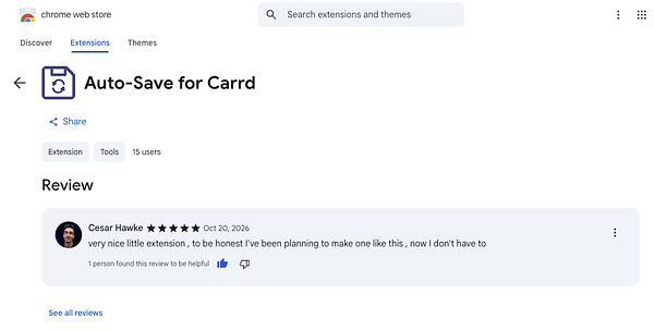 Chrome Web Store page showing a 5-star review for the Auto-Save for Carrd extension by Cesar Hawke.