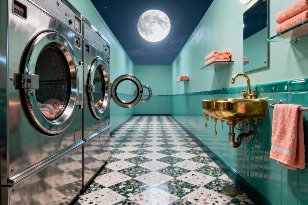A long, narrow laundry room features mint and teal walls, two stainless front-loading machines on the left, and a brass wall-mounted sink on the right that appears to melt with golden drips. Coral towels sit on glass shelves above a chrome towel bar, with a simple mirror and globe sconce. A green-and-white terrazzo checkerboard floor leads toward an open ceiling revealing a large full moon, while extra washer doors float down the corridor.