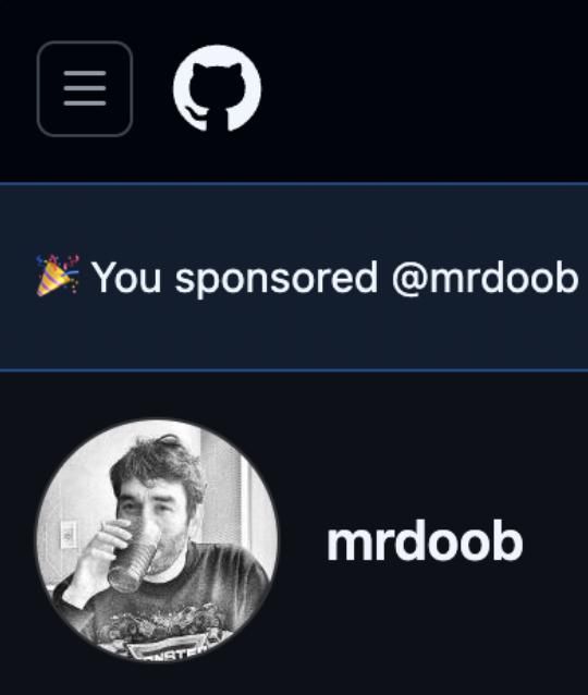 A GitHub sponsorship confirmation for the user @mrdoob.