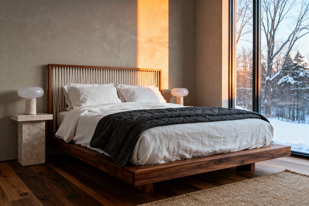 A serene Scandinavian bedroom features a low walnut platform bed with a cord-woven headboard and off-white linen bedding. Two travertine pedestal nightstands hold rounded opal-glass lamps. Warm sunset light washes a natural plaster wall, while a charcoal quilt rests at the foot of the bed. A jute rug and wide-plank walnut floor add texture. A floor-to-ceiling black-framed window overlooks a snowy forest, filling the space with soft natural light.