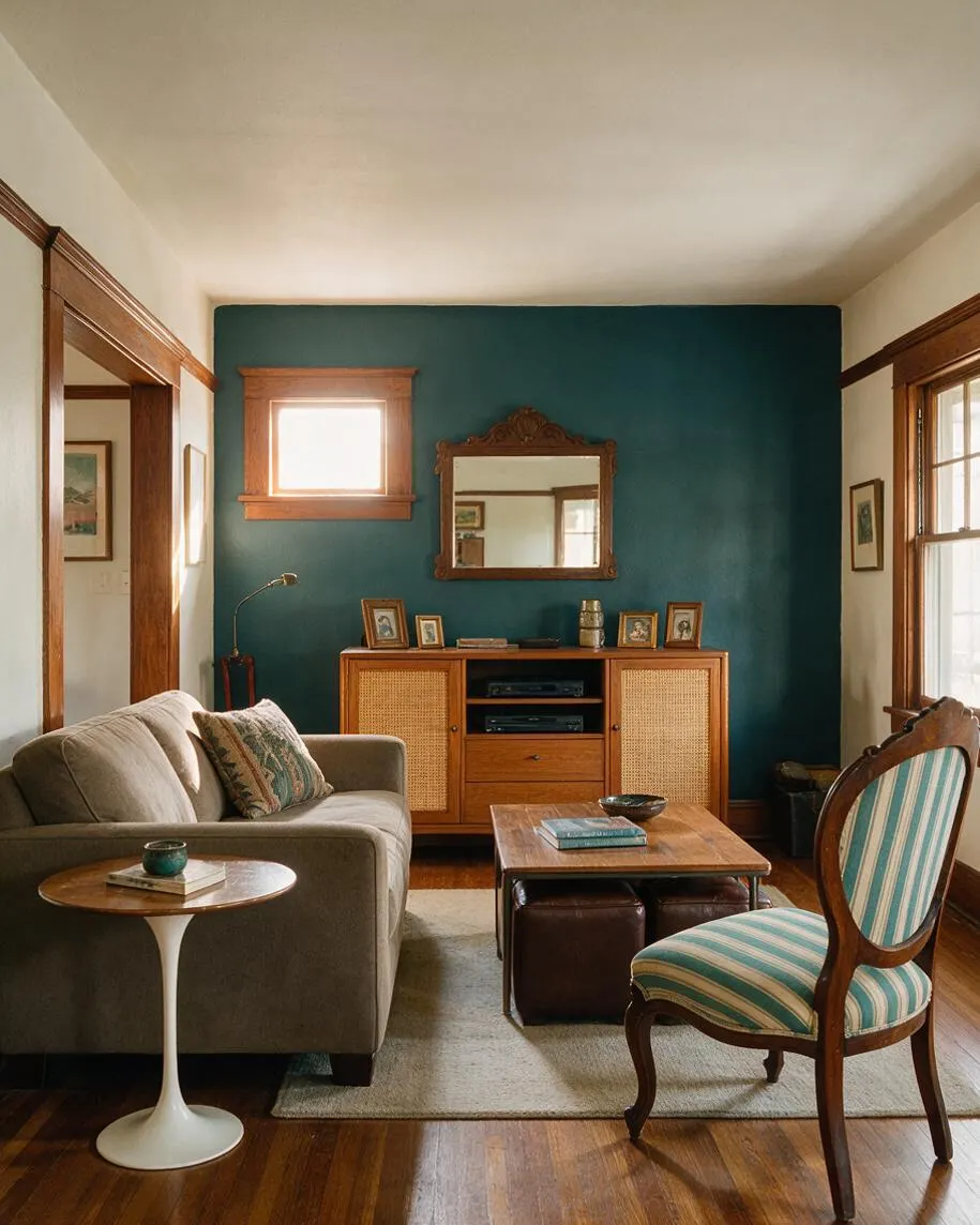 A cozy eclectic media room with a deep teal accent wall, a wooden media cabinet with cane doors, and an ornate mirror centered above it. A gray sofa, striped vintage chair, and mixed wood tables create a layered seating area on a neutral rug, with warm sunlight filtering through wood-trimmed windows.