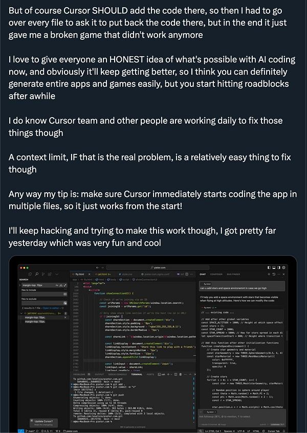 The image displays a coding interface with a blog post discussing limitations encountered while using Cursor for app development.