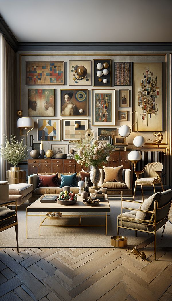 A beautifully curated living room with a mix of vintage and modern elements, showcasing carefully selected furniture, artworks, and decorative objects.
