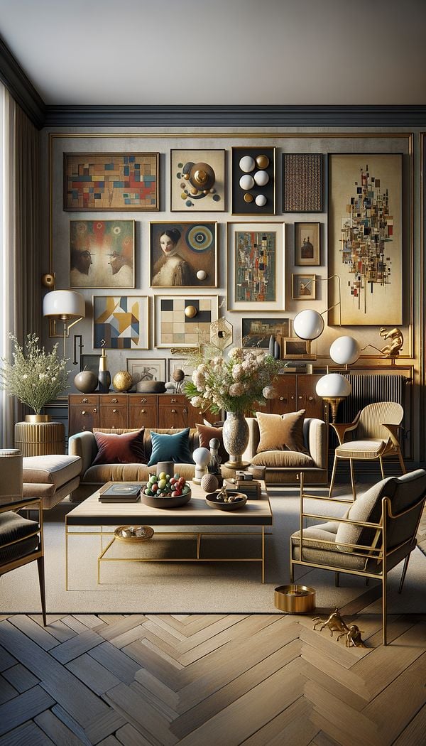 A beautifully curated living room with a mix of vintage and modern elements, showcasing carefully selected furniture, artworks, and decorative objects.