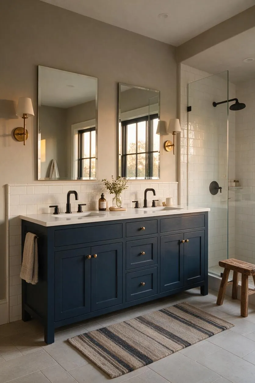 A farmhouse-style master bathroom with a navy blue double vanity, white countertop, and black faucets beneath two rectangular mirrors. White subway tile lines the shower area, brass and white wall sconces flank the mirrors, and a striped rug and rustic wood stool add warmth.
