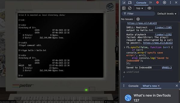 A retro computer interface displays a command line environment with file directory listings and console errors.