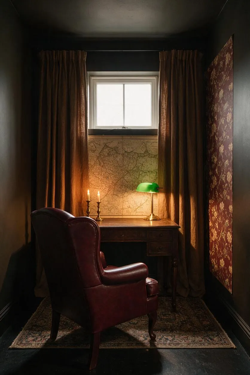 A narrow home office styled in Dark Academia with black walls, burgundy patterned wallpaper, heavy brown curtains, and a small wood desk beneath a window. A burgundy leather wingback chair faces the desk, which is lit by two brass candlesticks and a green banker’s lamp, with an antique-style map propped behind it.
