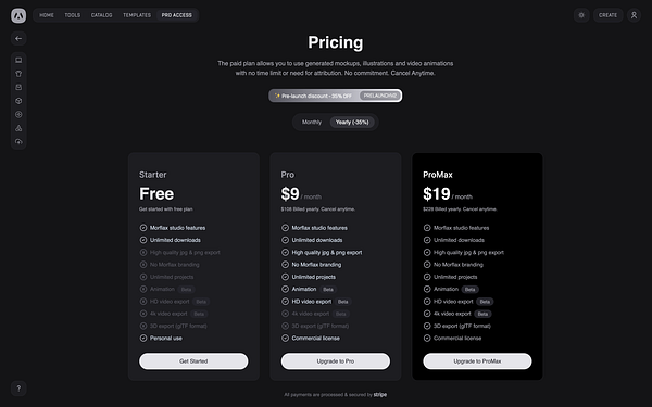 The image displays a dark mode pricing page for a service with three subscription tiers: Starter, Pro, and ProMax.