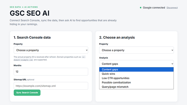 User interface of GSC SEO AI tool connecting Google Search Console data to AI-driven SEO analysis options.
