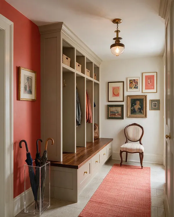 A narrow eclectic mudroom with coral-red accent walls, built-in taupe lockers, a dark wood bench, and brass hardware. Framed artwork decorates the white wall, a striped upholstered chair sits at the end, and a coral runner adds warmth beside a clear umbrella stand.