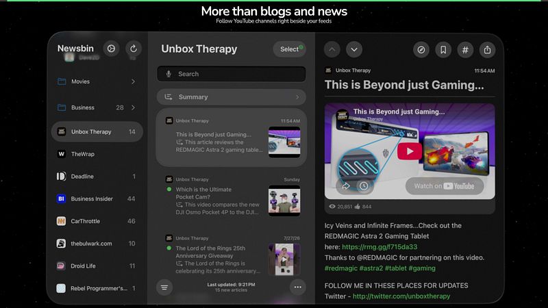 Screenshot of Newsbin: RSS Feed Reader