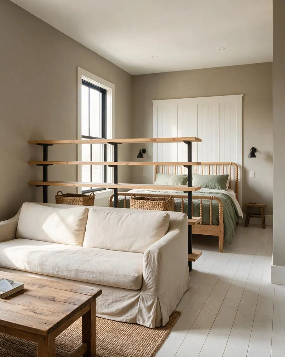 A studio apartment with a cream slipcovered sofa in the foreground, a rustic wooden coffee table, and a bed behind an open wood-and-metal shelving divider. The room features white painted floors, taupe walls, a white paneled headboard wall, woven baskets, and soft natural light from a tall window.
