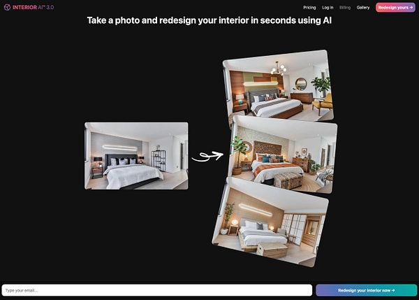 The image showcases a before-and-after comparison of interior design transformations using AI technology.