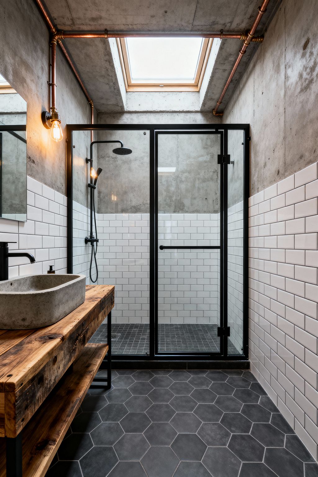 Industrial bathroom with raw concrete walls and ceiling under a skylight, featuring exposed copper pipes and an Edison bulb sconce. A black steel–framed glass shower sits at the back, lined with white subway tiles and gray grout, with a matte-black rain showerhead and handheld over a dark mosaic floor. The main floor is charcoal hexagon tile. On the left, a reclaimed-wood vanity holds a cast-concrete vessel sink with a black faucet and a simple mirror.
