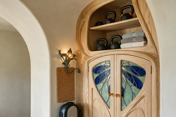 A home gym corner with a built-in curved oak storage cabinet holding kettlebells and folded towels. The cabinet doors feature blue and green stained-glass panels with Art Nouveau-inspired flowing lines, beside a wall sconce and a cork board on a softly arched cream wall.