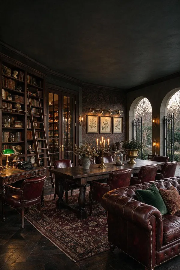 A dark academia patio styled like a private library and salon, with arched openings overlooking bare trees, a long dark wood table surrounded by burgundy leather chairs, and a tufted leather sofa in the foreground. Built-in bookcases, ladder shelving, brass lamps, framed botanical prints, candles, and patterned rugs create a rich, scholarly atmosphere.