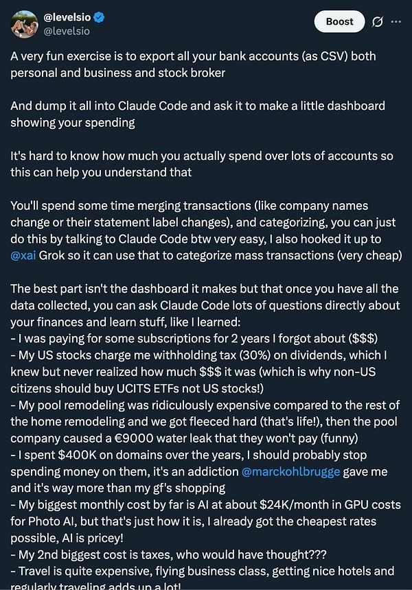 Screenshot of a tweet by levelsio promoting his Findash app with a link to the blog post.