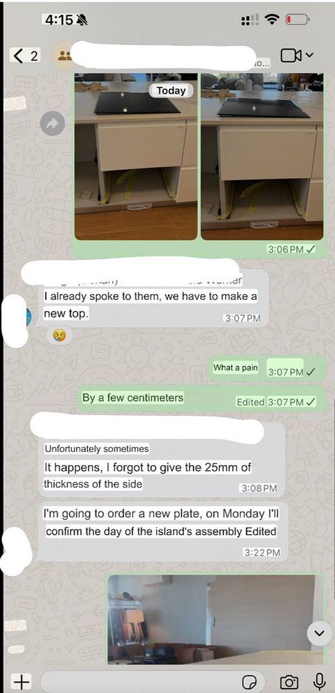 A conversation about a kitchen countertop issue with accompanying images of the countertop.